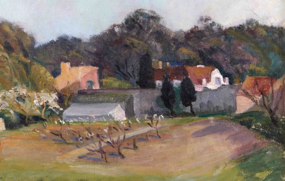 An oil painting depicting a British rural landscape with a hillside, orchard trees, and cottages under a light sky. View VII