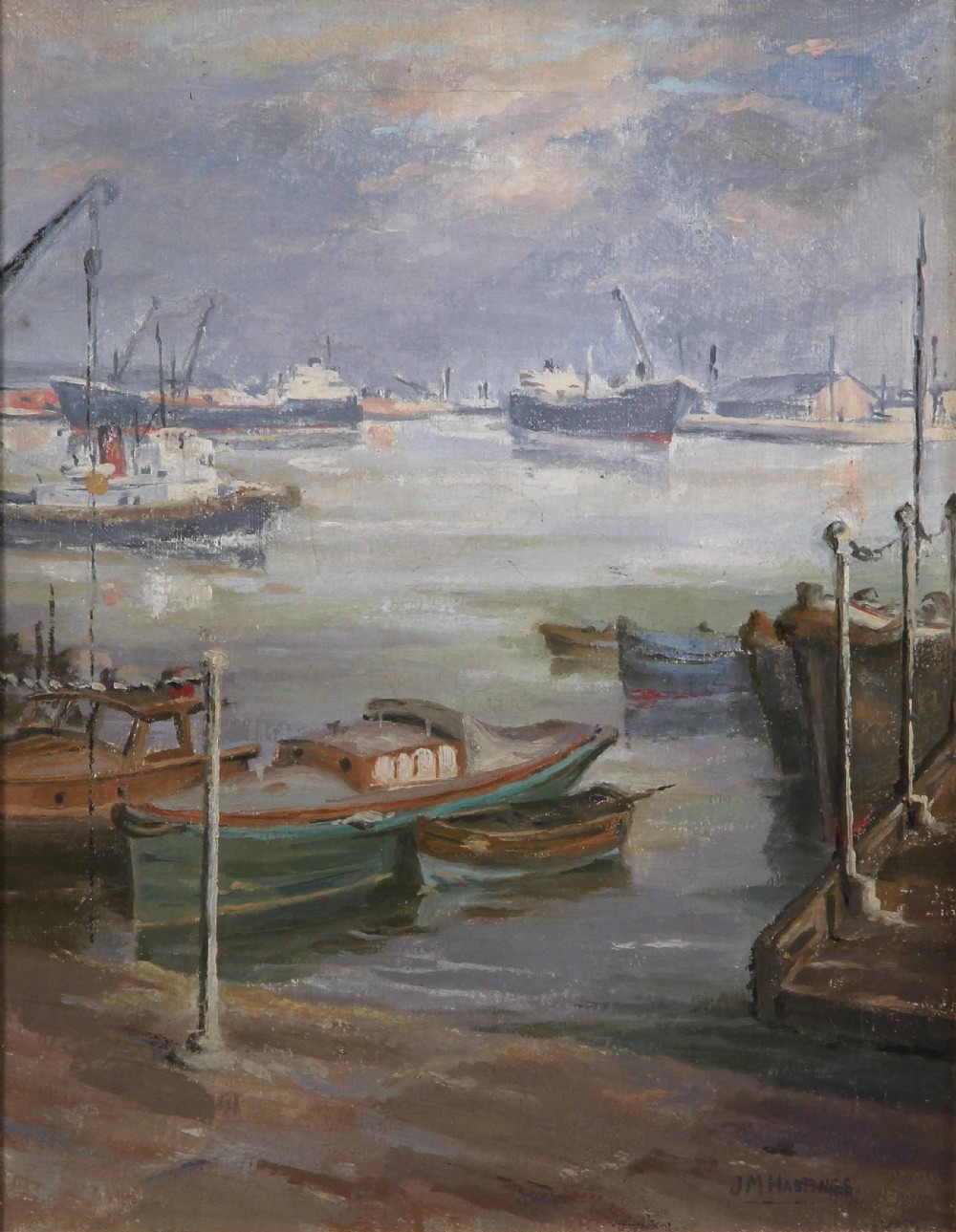 An impressionist marine oil painting depicting vessels and cranes in Southampton Docks under a grey sky, signed J.M. Hastings at the lower right.