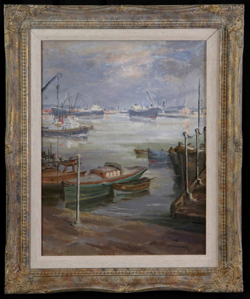 An impressionist marine oil painting depicting vessels and cranes in Southampton Docks under a grey sky, signed J.M. Hastings at the lower right. View II