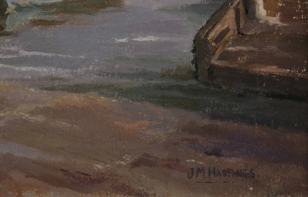 An impressionist marine oil painting depicting vessels and cranes in Southampton Docks under a grey sky, signed J.M. Hastings at the lower right. View III