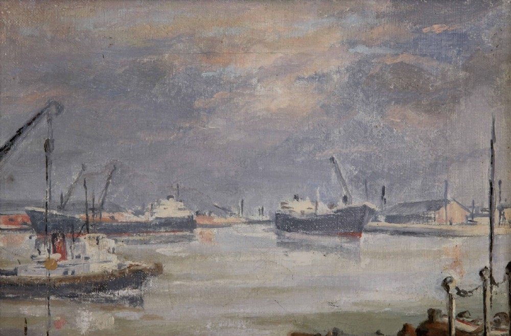 An impressionist marine oil painting depicting vessels and cranes in Southampton Docks under a grey sky, signed J.M. Hastings at the lower right. View IV
