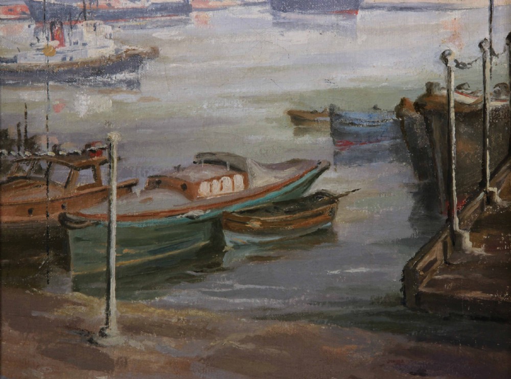 An impressionist marine oil painting depicting vessels and cranes in Southampton Docks under a grey sky, signed J.M. Hastings at the lower right. View V