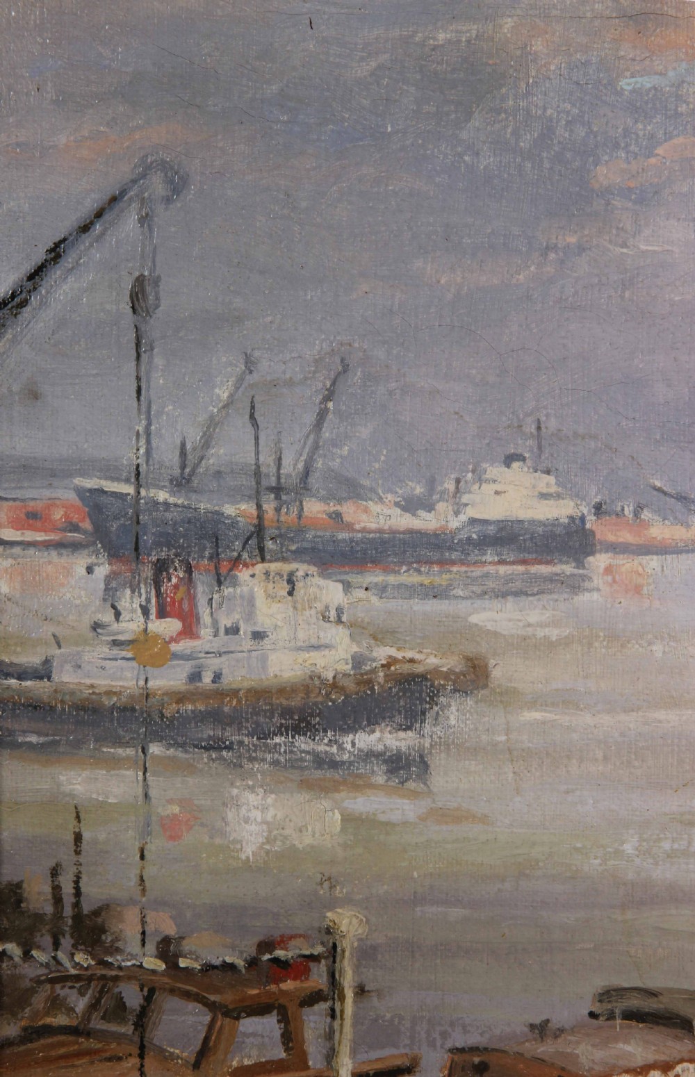 An impressionist marine oil painting depicting vessels and cranes in Southampton Docks under a grey sky, signed J.M. Hastings at the lower right. View VI