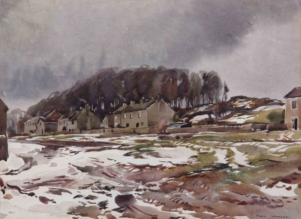 A watercolour landscape depiction of stone cottages and bare trees beyond snow-covered ground under an overcast grey winter sky.