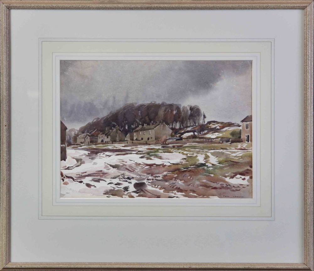 A watercolour landscape depiction of stone cottages and bare trees beyond snow-covered ground under an overcast grey winter sky. View II