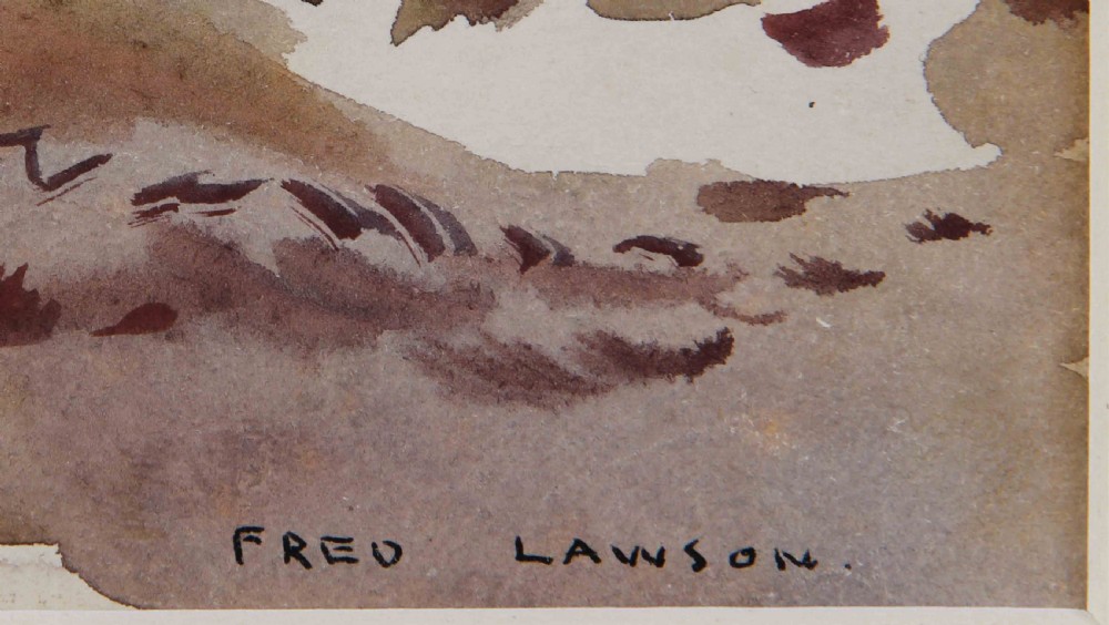 A watercolour landscape depiction of stone cottages and bare trees beyond snow-covered ground under an overcast grey winter sky. View III