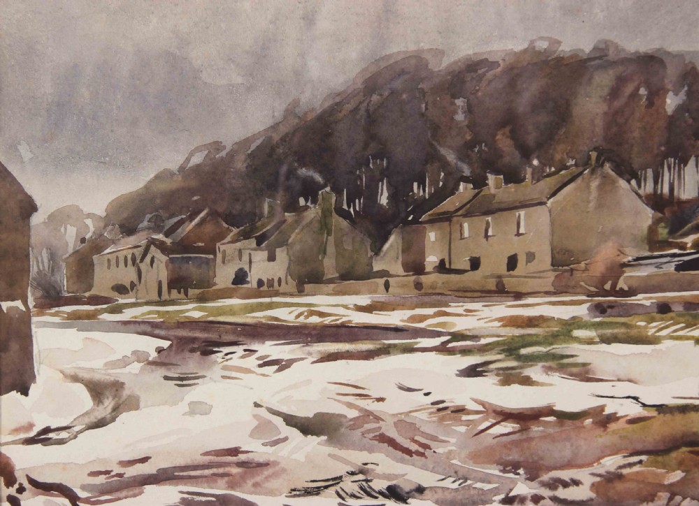 A watercolour landscape depiction of stone cottages and bare trees beyond snow-covered ground under an overcast grey winter sky. View IV