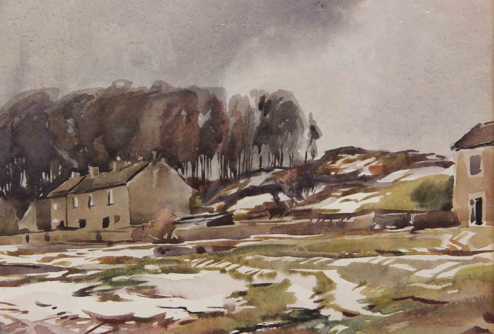A watercolour landscape depiction of stone cottages and bare trees beyond snow-covered ground under an overcast grey winter sky. View V