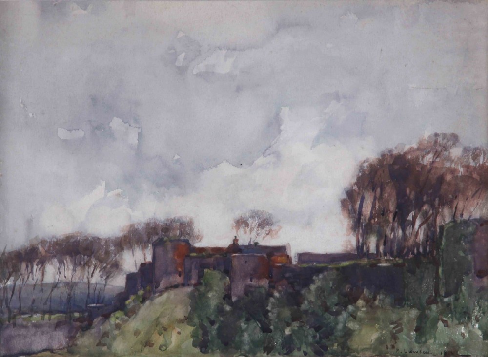 A watercolour landscape painting depicting Richmond Castle on a hillside under a cloudy grey sky.
