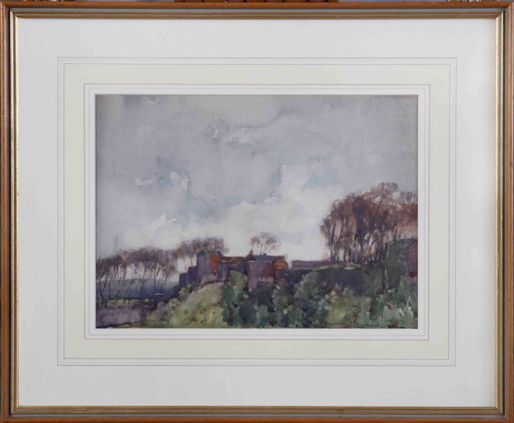 A watercolour landscape painting depicting Richmond Castle on a hillside under a cloudy grey sky. View II