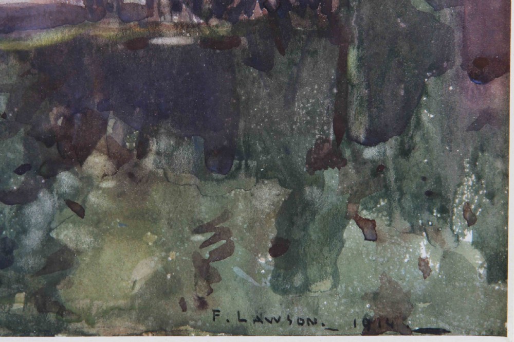 A watercolour landscape painting depicting Richmond Castle on a hillside under a cloudy grey sky. View III