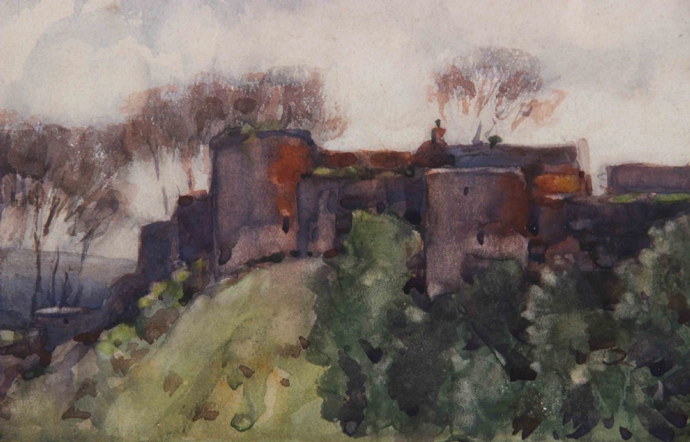 A watercolour landscape painting depicting Richmond Castle on a hillside under a cloudy grey sky. View IV