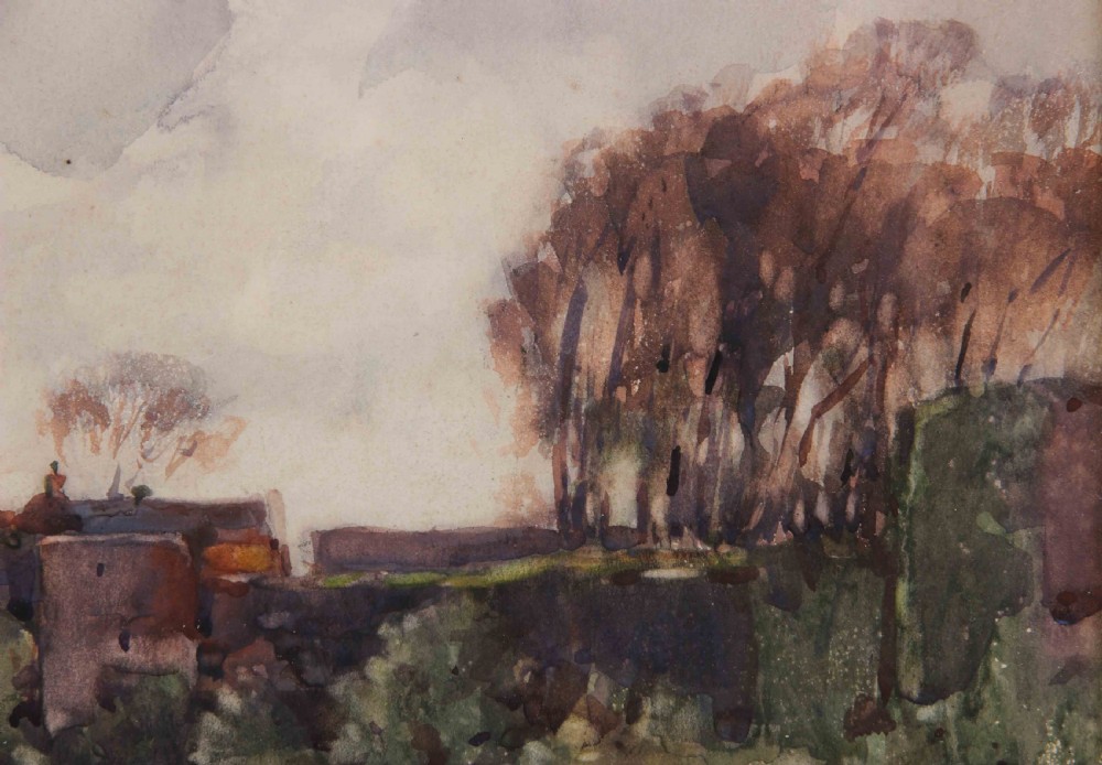 A watercolour landscape painting depicting Richmond Castle on a hillside under a cloudy grey sky. View V