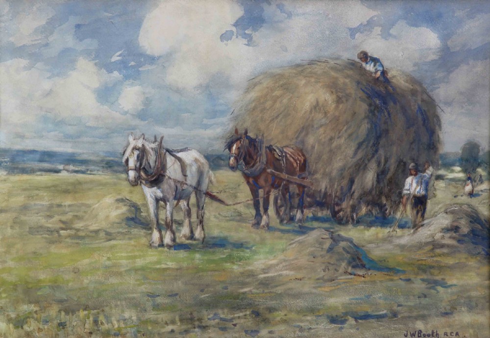 A watercolour painting depicting two heavy draft horses pulling a large hay cart accompanied by farm workers under a cloudy sky.