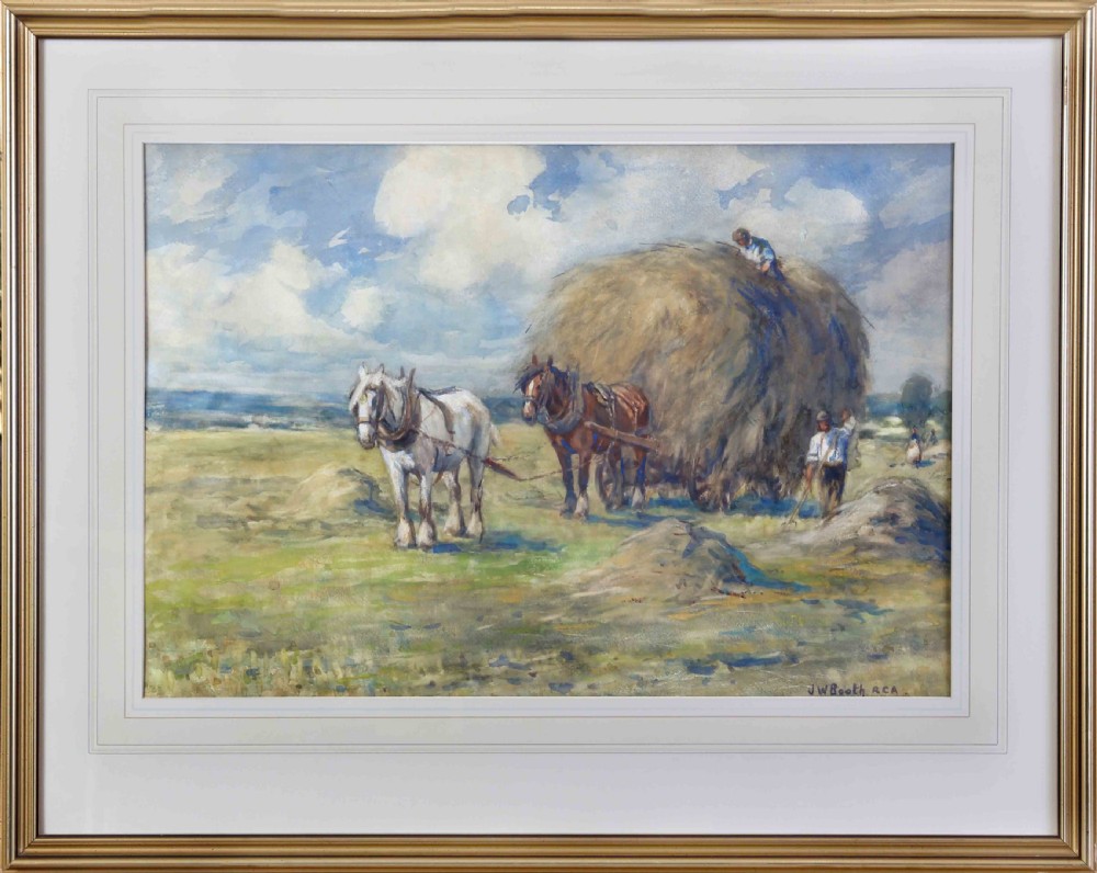 A watercolour painting depicting two heavy draft horses pulling a large hay cart accompanied by farm workers under a cloudy sky. View II