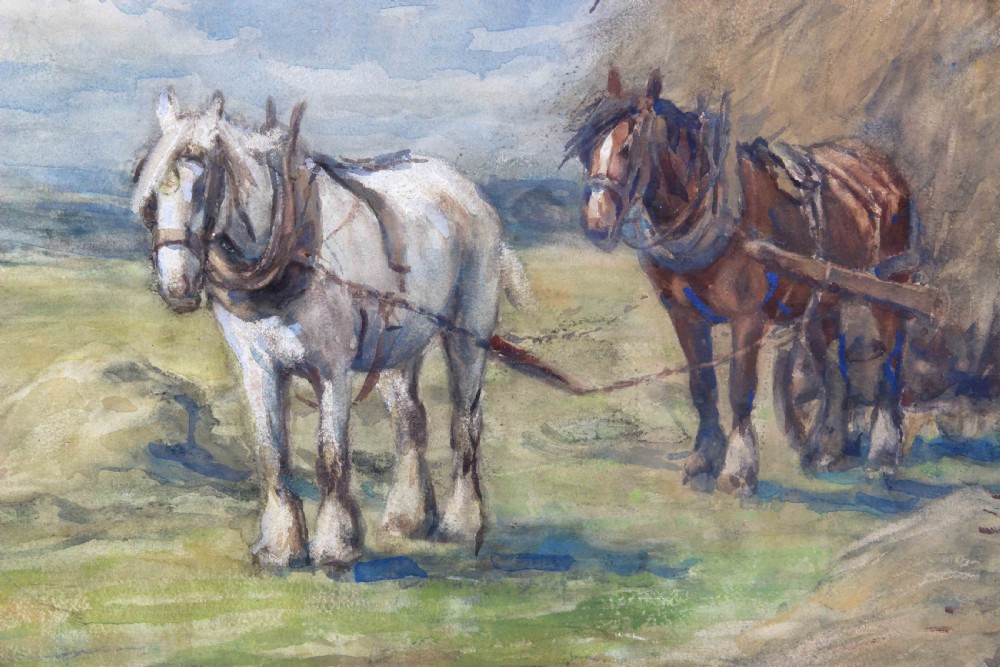 A watercolour painting depicting two heavy draft horses pulling a large hay cart accompanied by farm workers under a cloudy sky. View IV