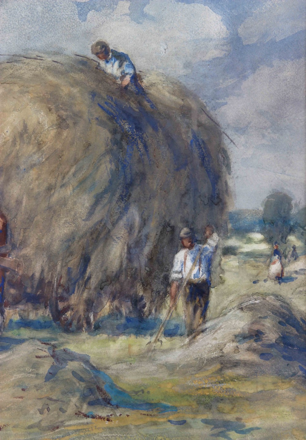 A watercolour painting depicting two heavy draft horses pulling a large hay cart accompanied by farm workers under a cloudy sky. View V