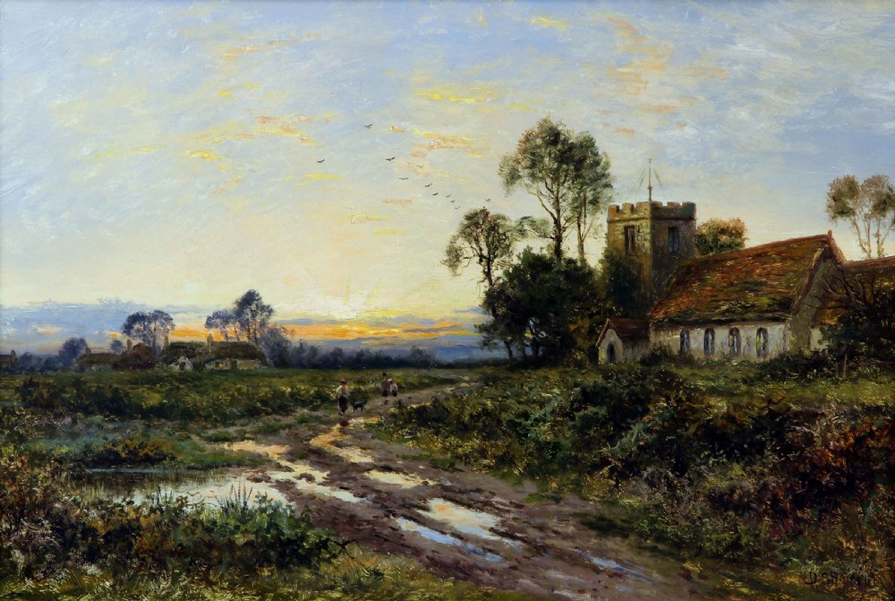 An antique oil painting depicting an English countryside landscape at sunset with a parish church tower, track, and figures.