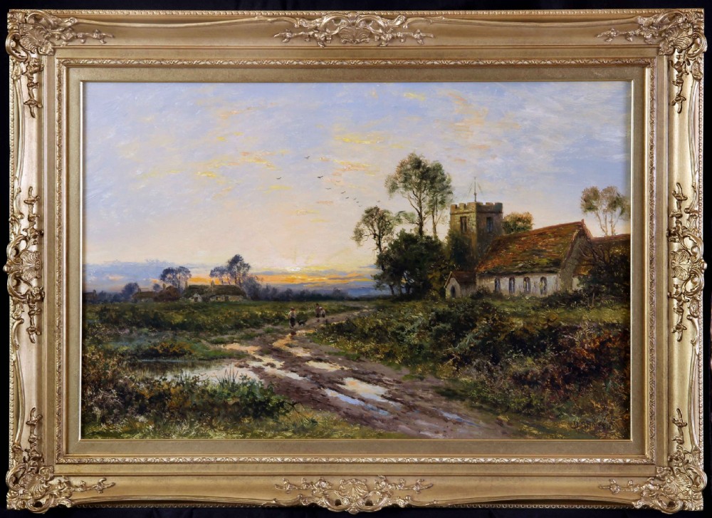 An antique oil painting depicting an English countryside landscape at sunset with a parish church tower, track, and figures. View II