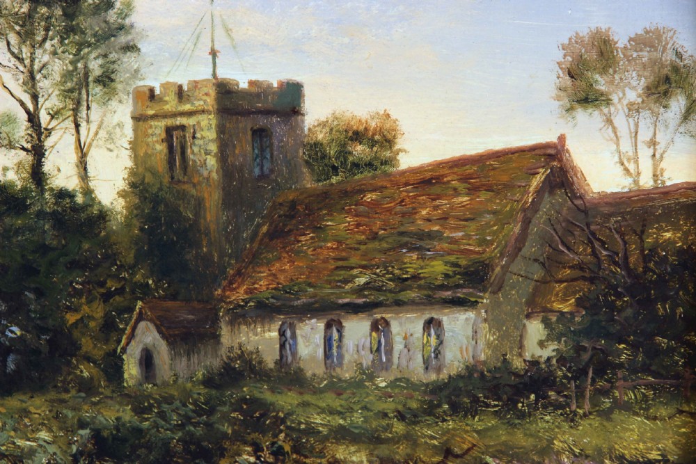 An antique oil painting depicting an English countryside landscape at sunset with a parish church tower, track, and figures. View IV