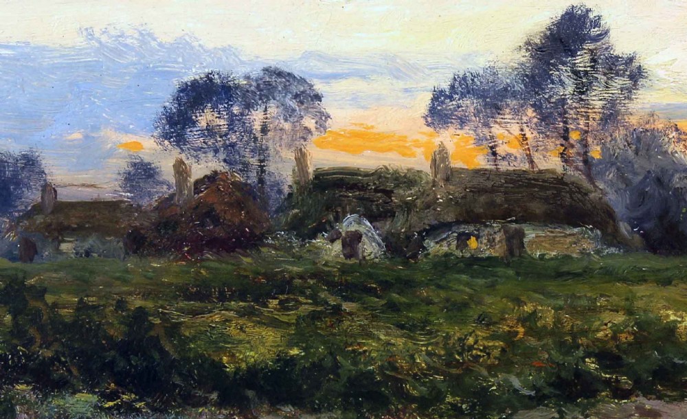 An antique oil painting depicting an English countryside landscape at sunset with a parish church tower, track, and figures. View V
