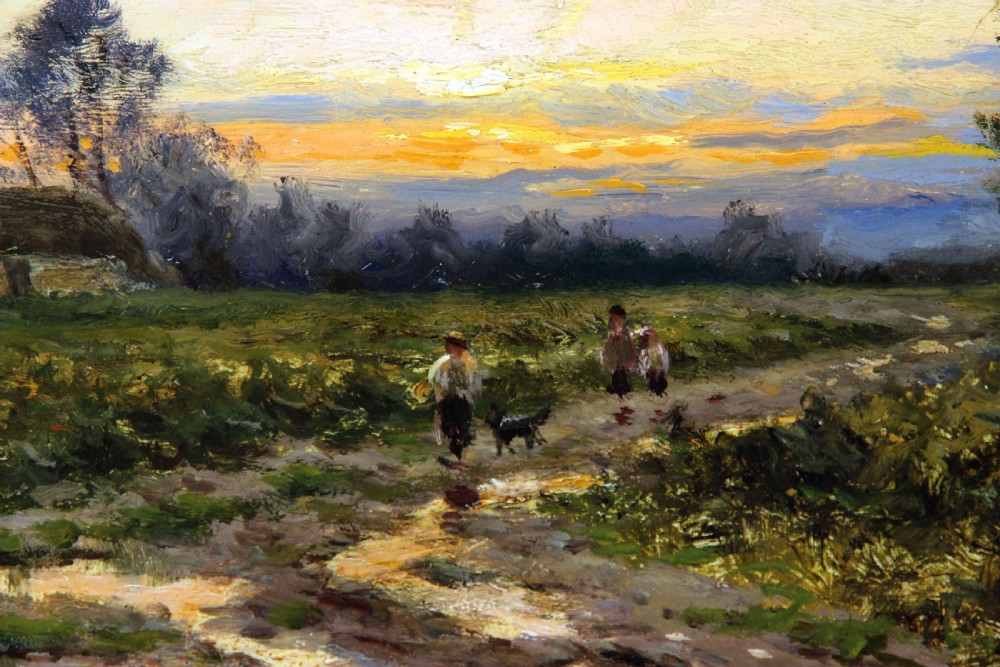 An antique oil painting depicting an English countryside landscape at sunset with a parish church tower, track, and figures. View VI