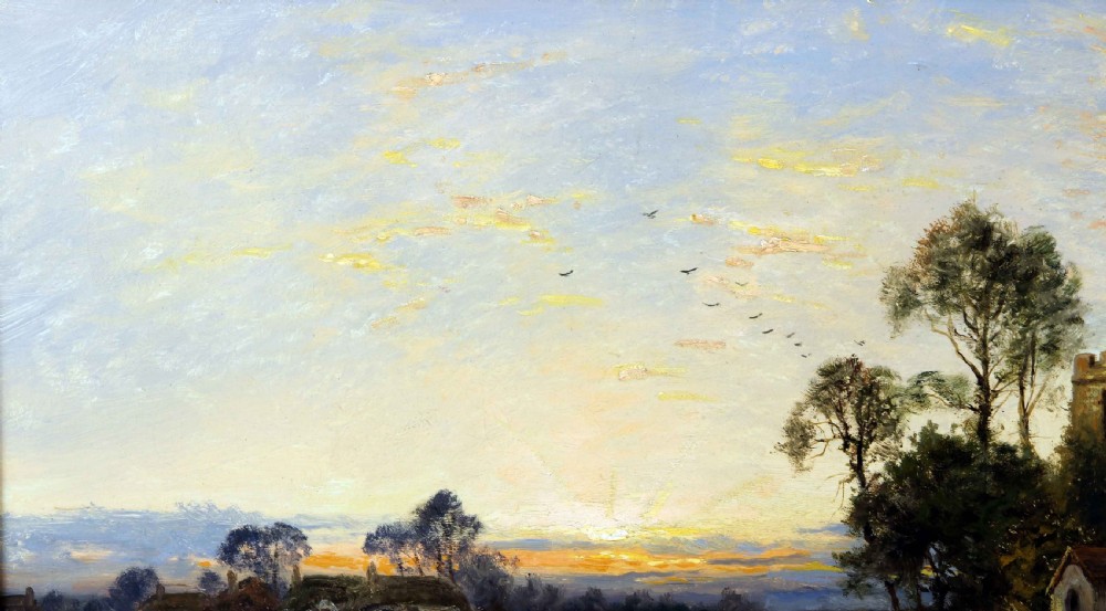 An antique oil painting depicting an English countryside landscape at sunset with a parish church tower, track, and figures. View VIII