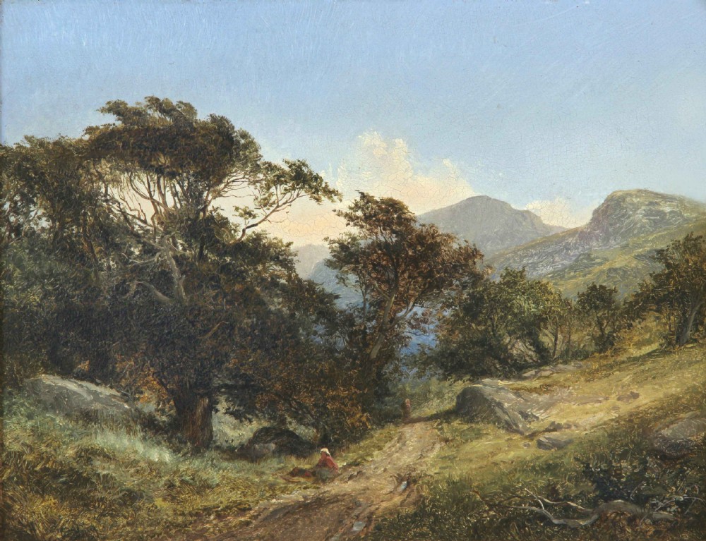 A 19th-century oil landscape painting showing a countryside path framed by mature trees beneath a blue sky, set within an ornate gilded frame. View II