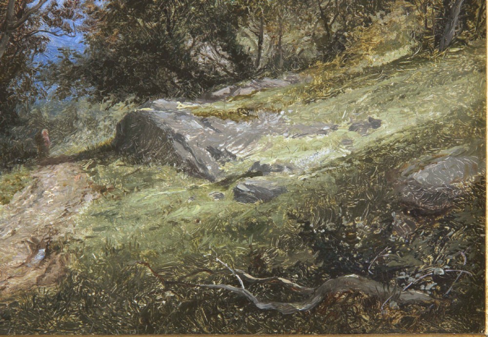 A 19th-century oil landscape painting showing a countryside path framed by mature trees beneath a blue sky, set within an ornate gilded frame. View III