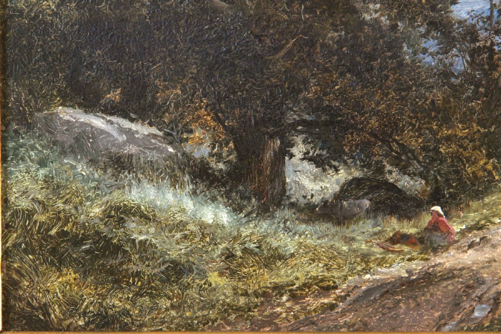 A 19th-century oil landscape painting showing a countryside path framed by mature trees beneath a blue sky, set within an ornate gilded frame. View IV