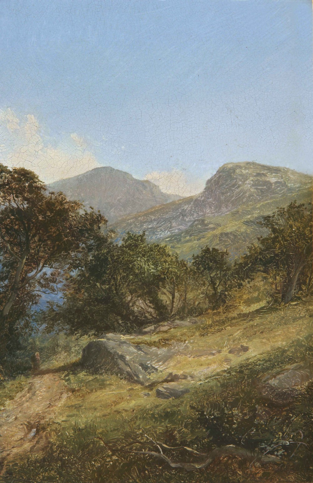 A 19th-century oil landscape painting showing a countryside path framed by mature trees beneath a blue sky, set within an ornate gilded frame. View V