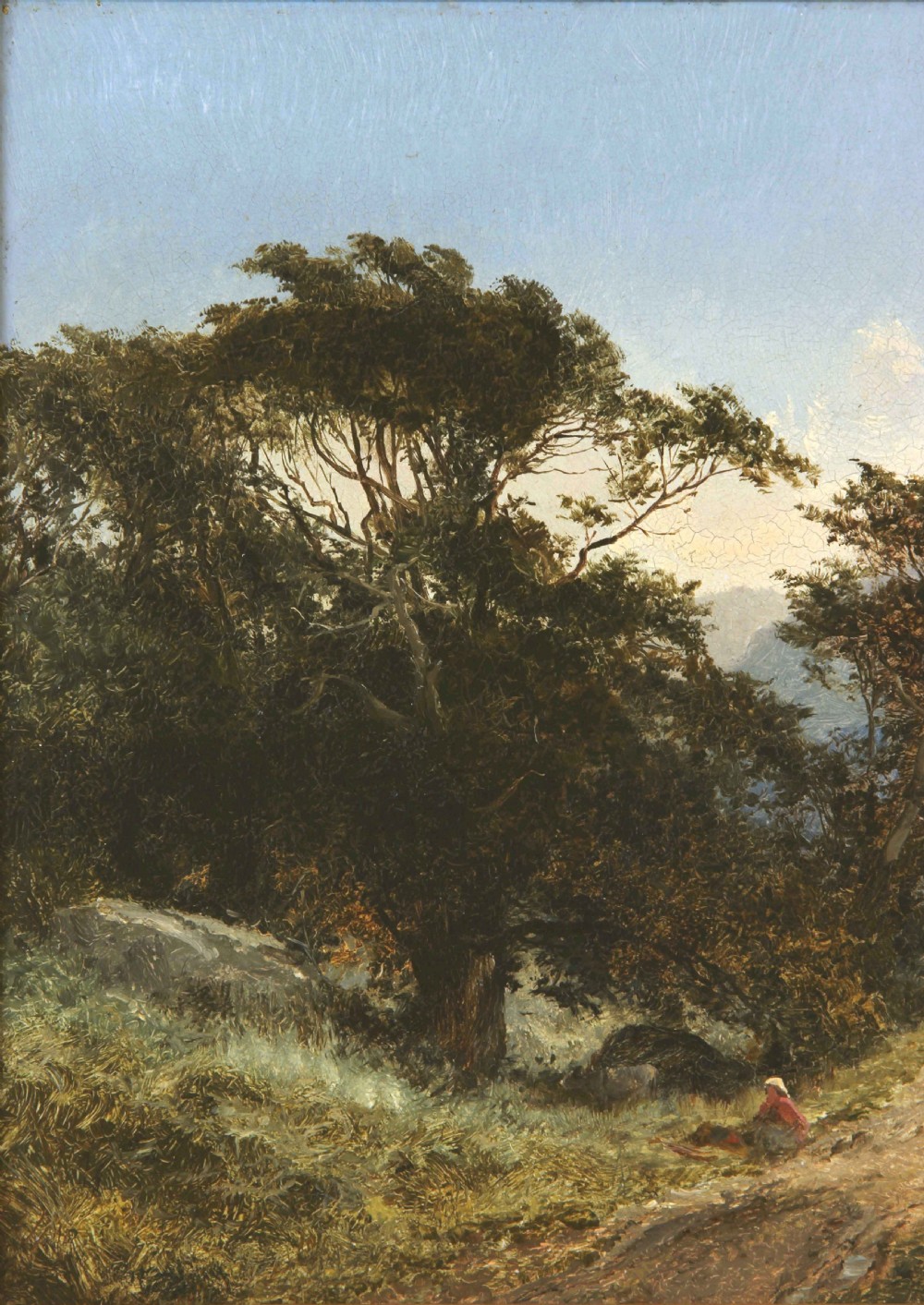 A 19th-century oil landscape painting showing a countryside path framed by mature trees beneath a blue sky, set within an ornate gilded frame. View VI