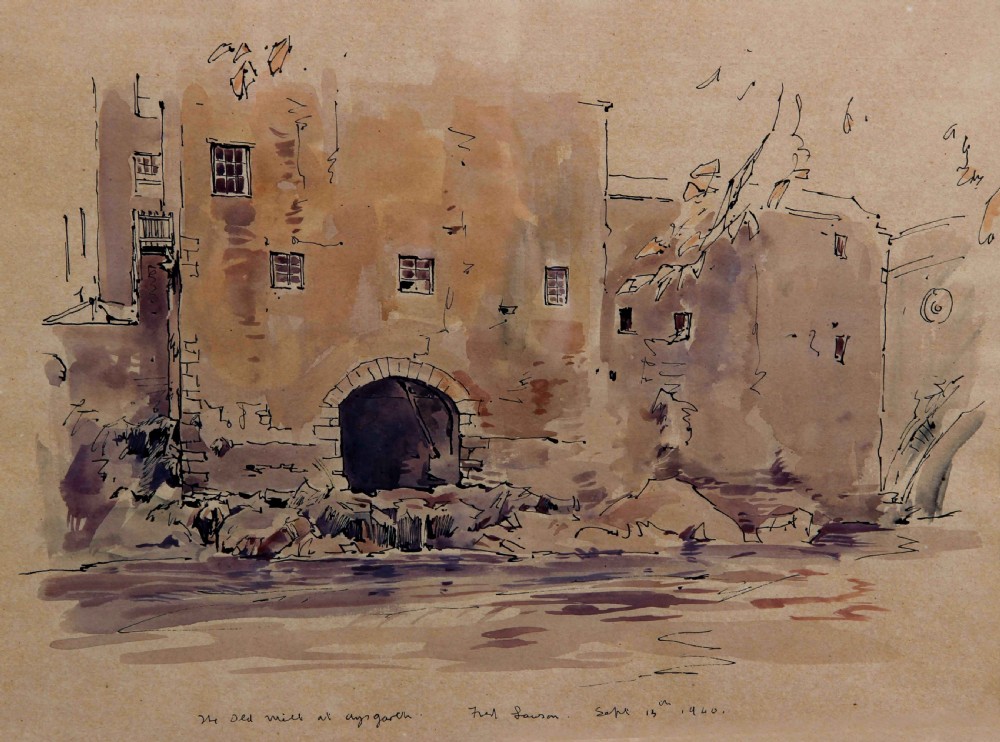 A watercolour and pen drawing depicting the stone facade of an old mill with a large arched entrance, rendered in tonal sepia and brown washes.