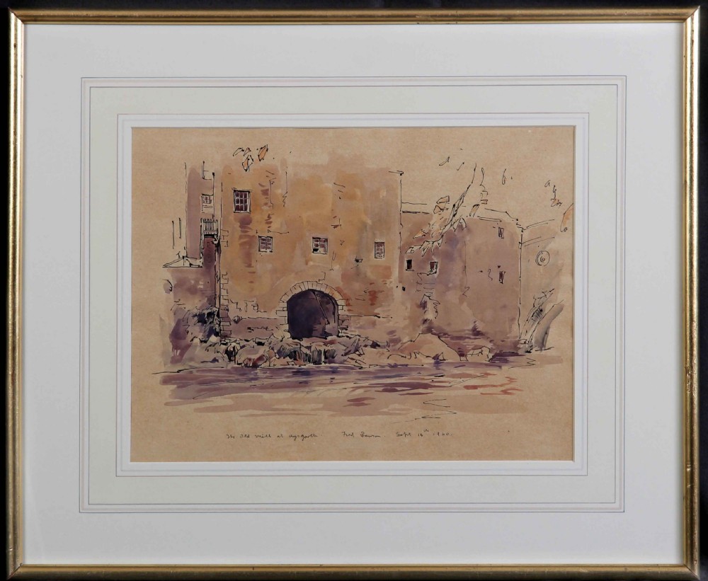 A watercolour and pen drawing depicting the stone facade of an old mill with a large arched entrance, rendered in tonal sepia and brown washes. View II