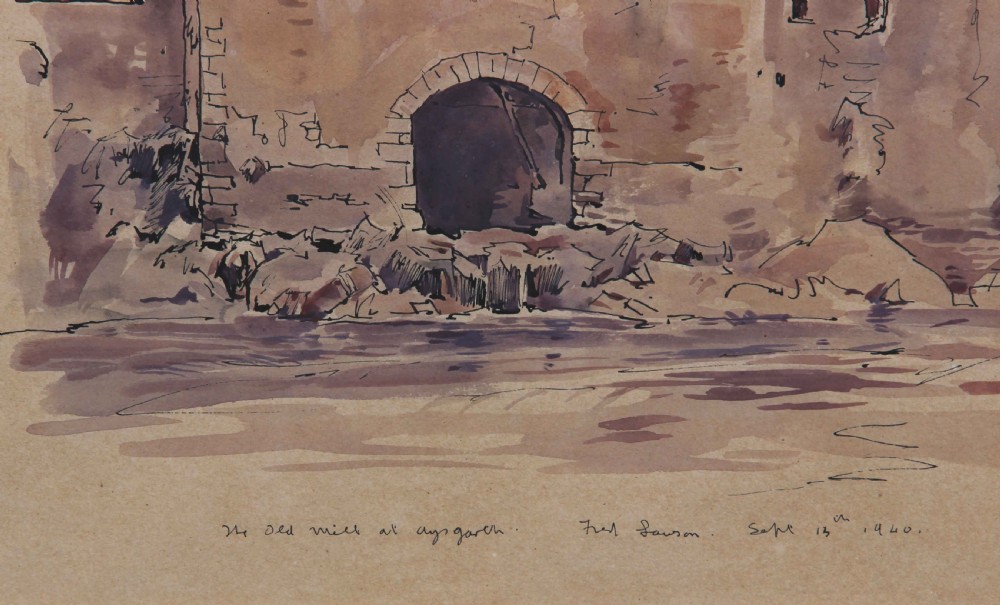 A watercolour and pen drawing depicting the stone facade of an old mill with a large arched entrance, rendered in tonal sepia and brown washes. View III