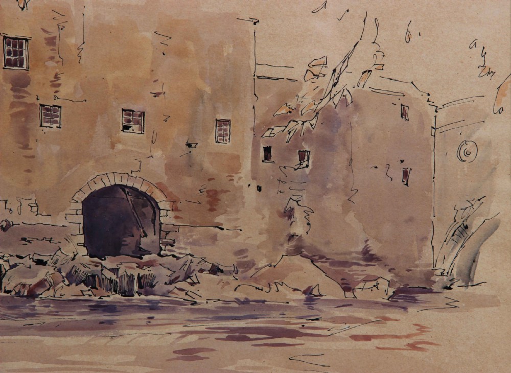 A watercolour and pen drawing depicting the stone facade of an old mill with a large arched entrance, rendered in tonal sepia and brown washes. View IV