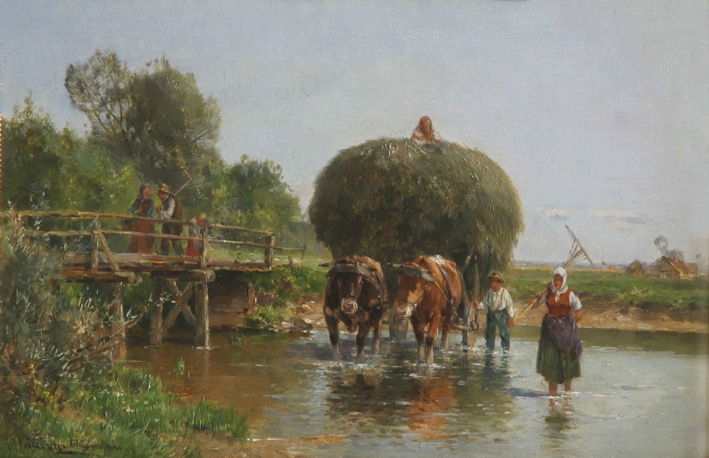 An oil painting depicting a rural summer scene with oxen pulling a hay cart through a stream alongside figures on a wooden bridge.