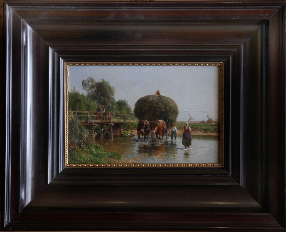 An oil painting depicting a rural summer scene with oxen pulling a hay cart through a stream alongside figures on a wooden bridge. View II