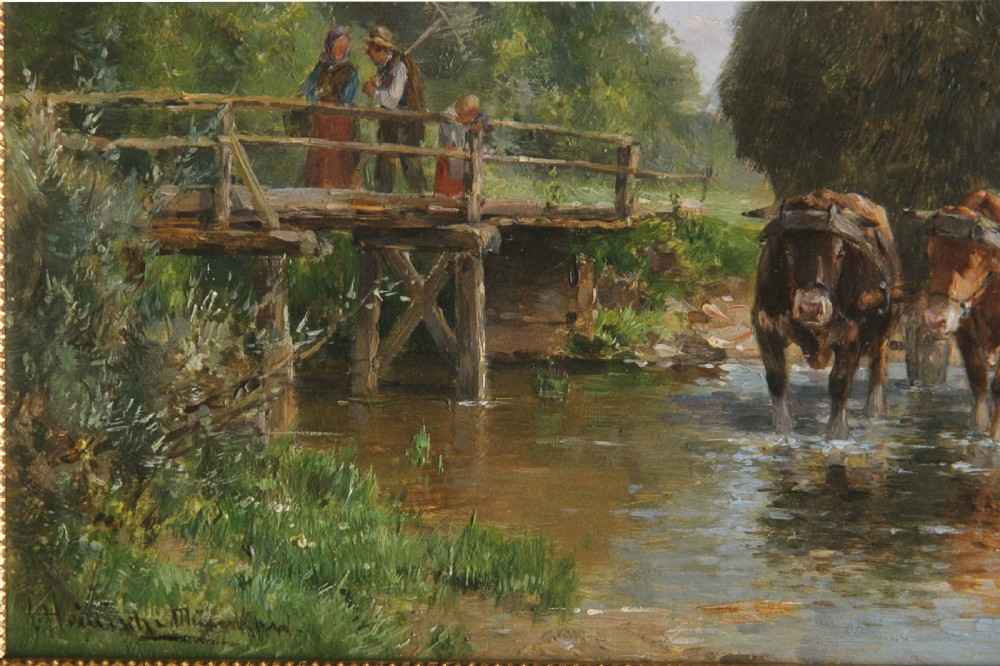 An oil painting depicting a rural summer scene with oxen pulling a hay cart through a stream alongside figures on a wooden bridge. View III