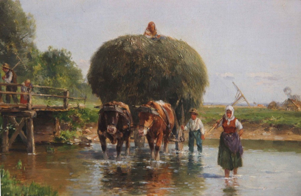 An oil painting depicting a rural summer scene with oxen pulling a hay cart through a stream alongside figures on a wooden bridge. View IV