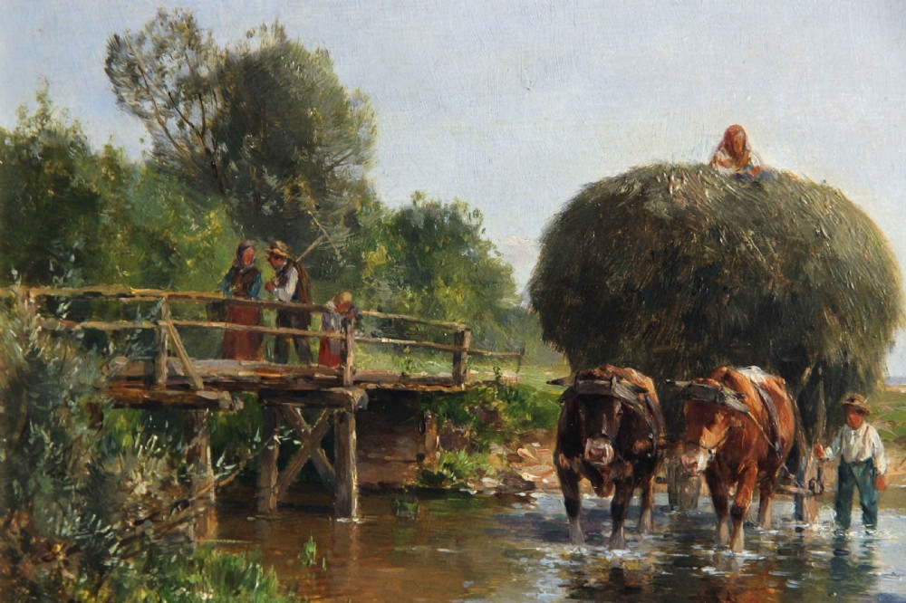 An oil painting depicting a rural summer scene with oxen pulling a hay cart through a stream alongside figures on a wooden bridge. View V