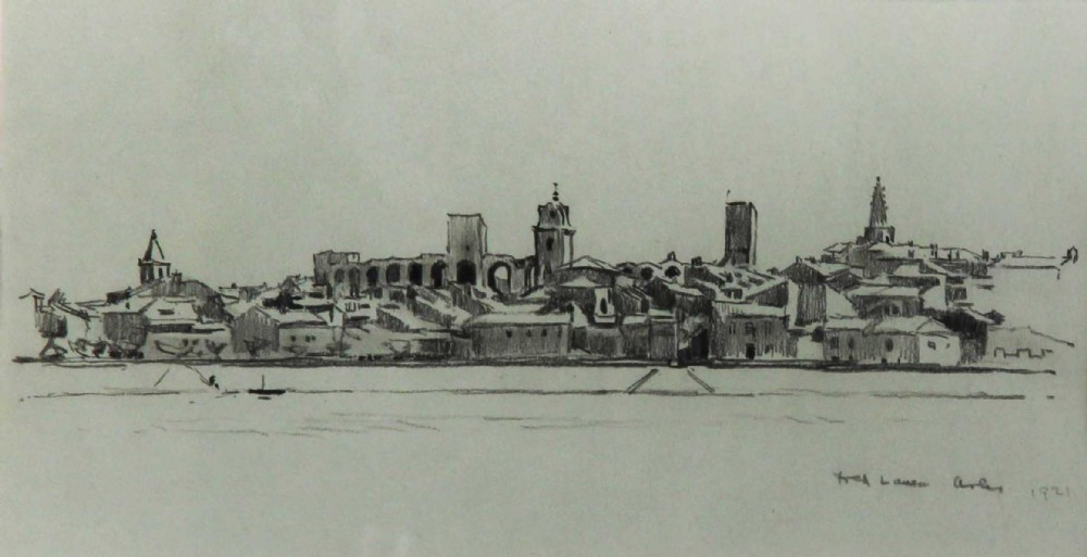 A monochrome pencil drawing depicting the panoramic skyline and architectural features of Arles across a riverbank, signed and dated 1921 by Fred Lawson.