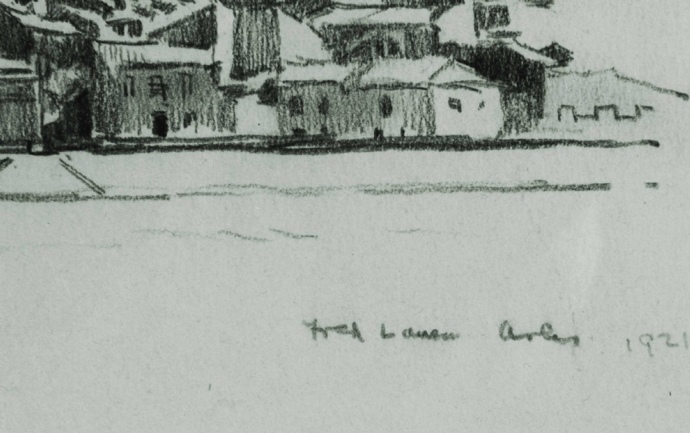 A monochrome pencil drawing depicting the panoramic skyline and architectural features of Arles across a riverbank, signed and dated 1921 by Fred Lawson. View III