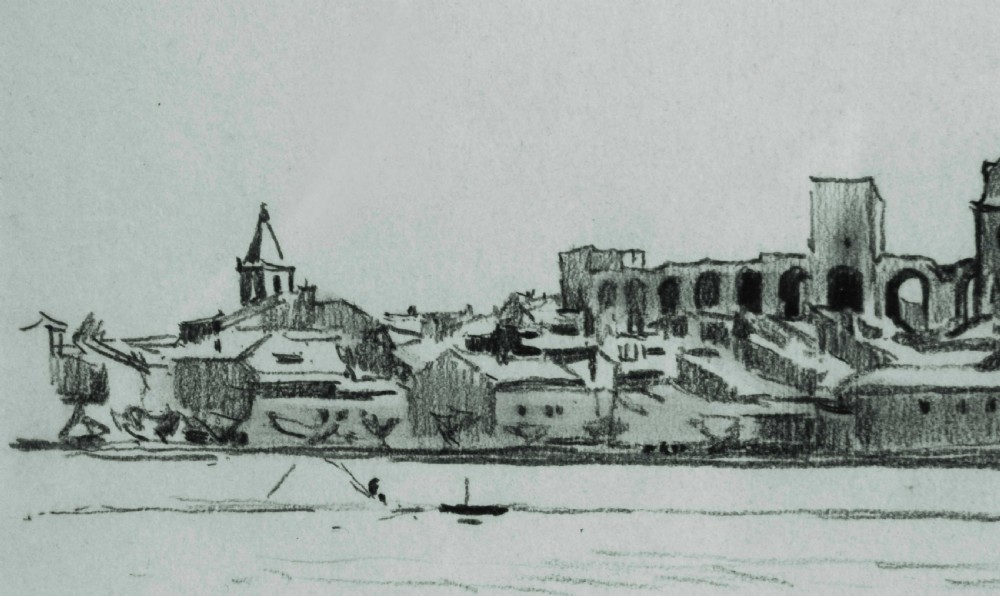 A monochrome pencil drawing depicting the panoramic skyline and architectural features of Arles across a riverbank, signed and dated 1921 by Fred Lawson. View IV