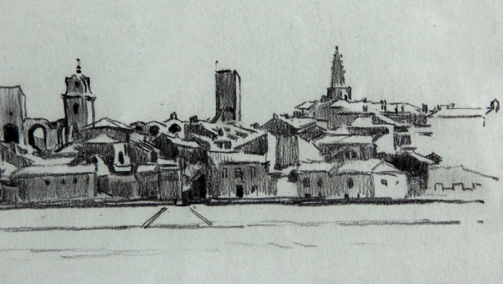 A monochrome pencil drawing depicting the panoramic skyline and architectural features of Arles across a riverbank, signed and dated 1921 by Fred Lawson. View V