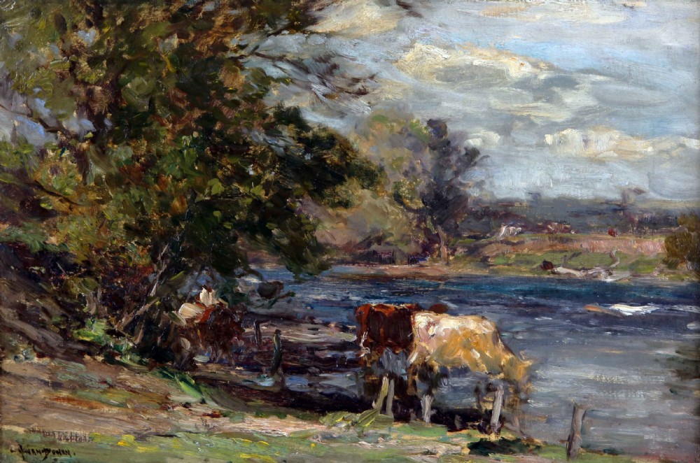 An Impressionist oil painting depicting cattle along a riverbank under a cloudy sky.