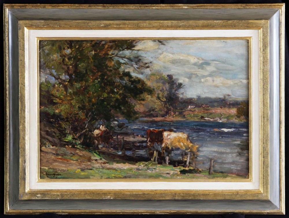 An Impressionist oil painting depicting cattle along a riverbank under a cloudy sky. View II