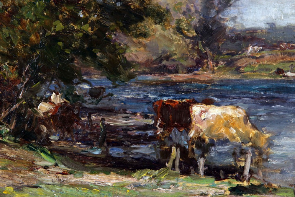 An Impressionist oil painting depicting cattle along a riverbank under a cloudy sky. View IV