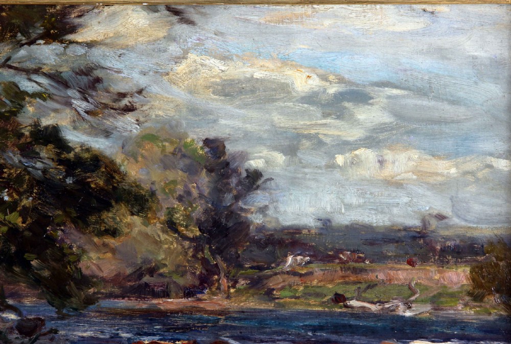 An Impressionist oil painting depicting cattle along a riverbank under a cloudy sky. View V
