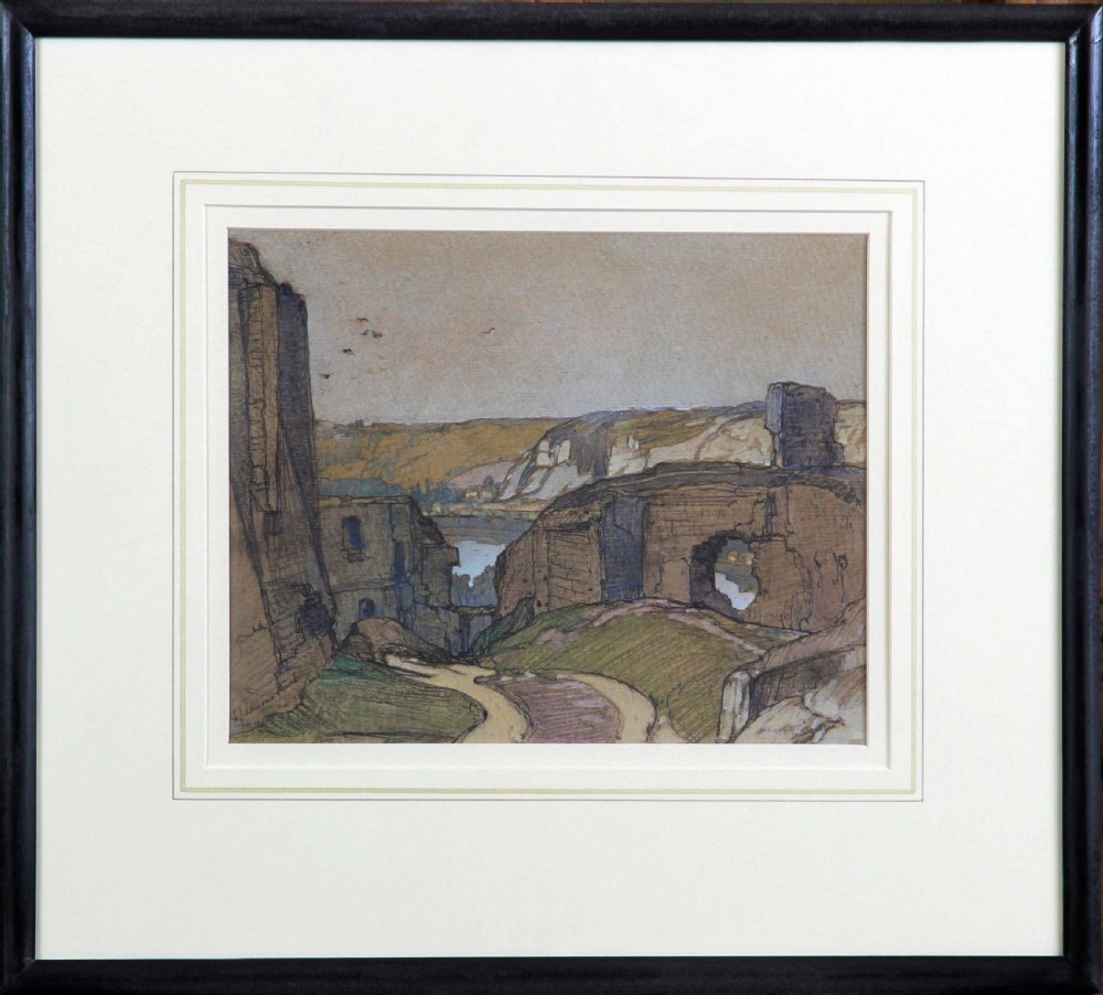 A watercolour and pastel landscape artwork depicting stone architectural ruins overlooking a river valley and distant hills. View II